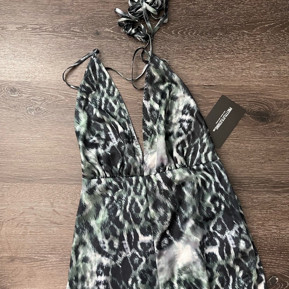 PrettyLittleThing Khaki Leopard Print Halterneck Wide Leg Jumpsuit - Picture 7 of 8